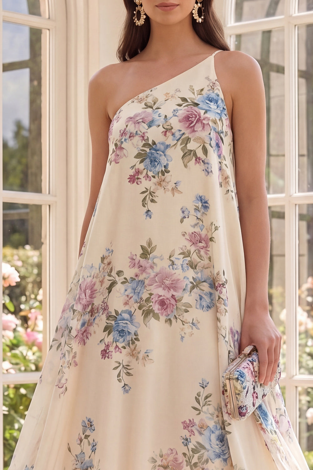 Apricot Floral A Line One Shoulder High Low Beach Wedding Guest Dress