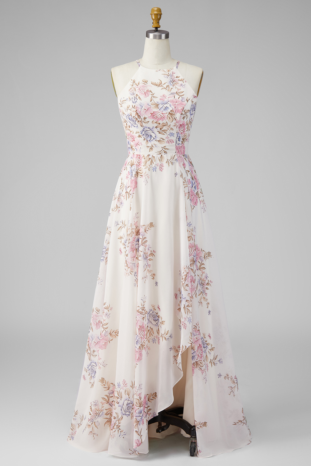 Apricot Floral A Line Open Back Beach Maxi Halter Ruffled Wedding Guest Dress with Slit