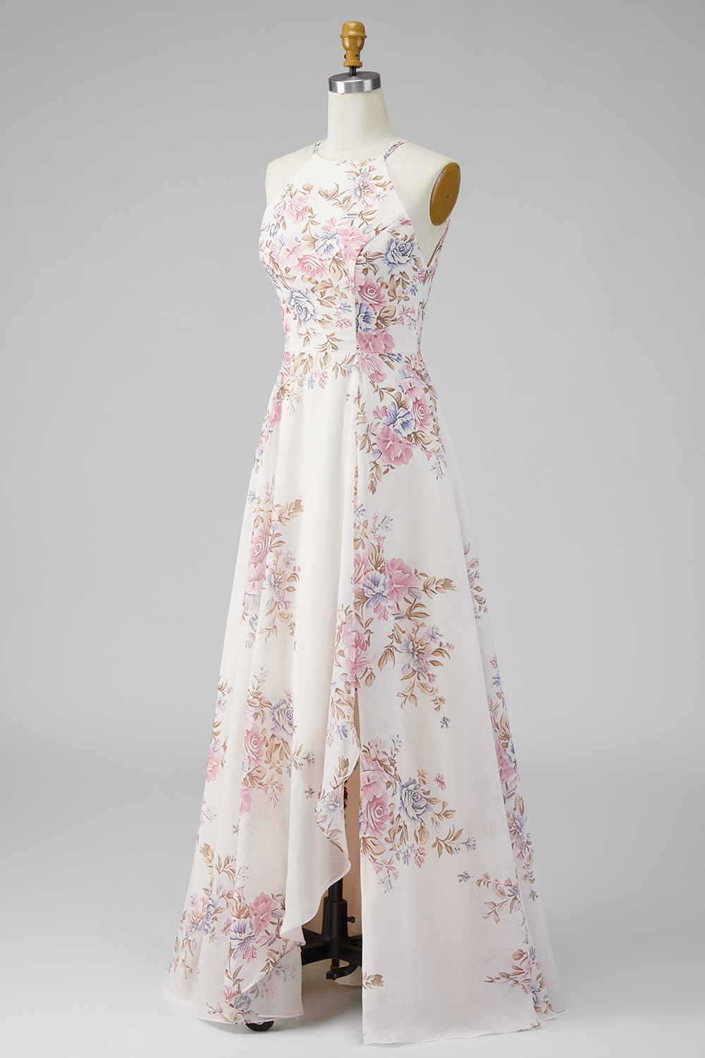 Apricot Floral A Line Open Back Beach Maxi Halter Ruffled Wedding Guest Dress with Slit