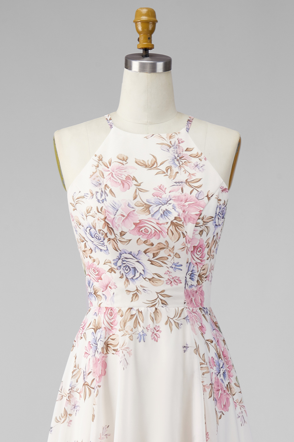 Apricot Floral A Line Open Back Beach Maxi Halter Ruffled Wedding Guest Dress with Slit