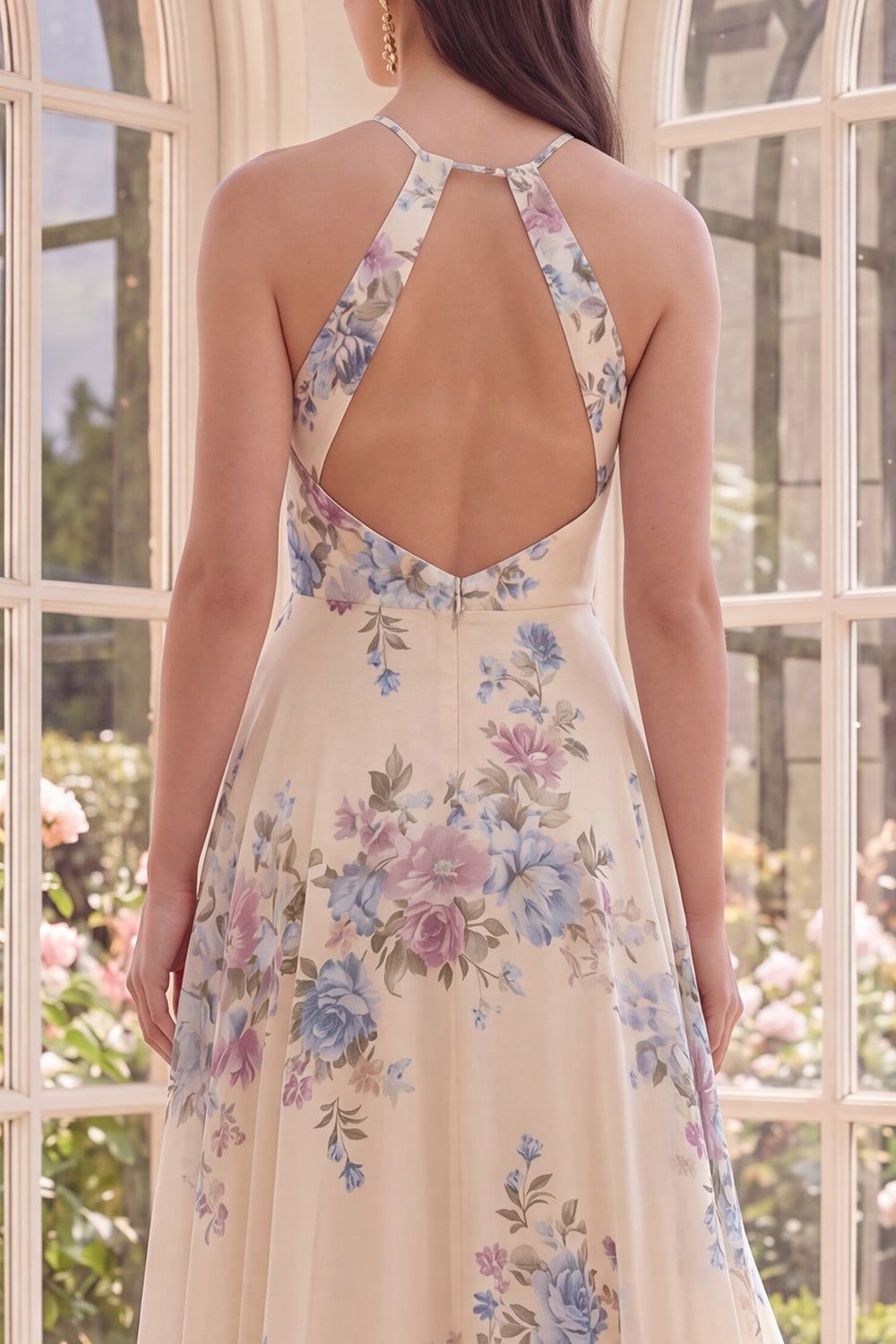 Apricot Floral A Line Open Back Beach Maxi Halter Ruffled Wedding Guest Dress with Slit