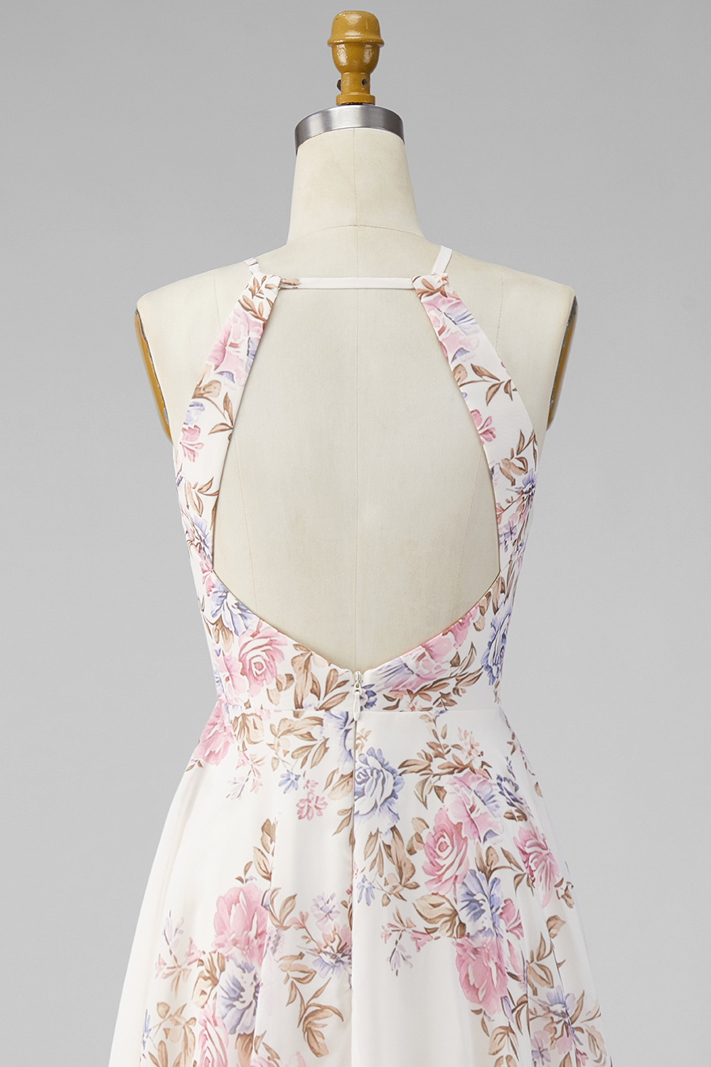 Apricot Floral A Line Open Back Beach Maxi Halter Ruffled Wedding Guest Dress with Slit