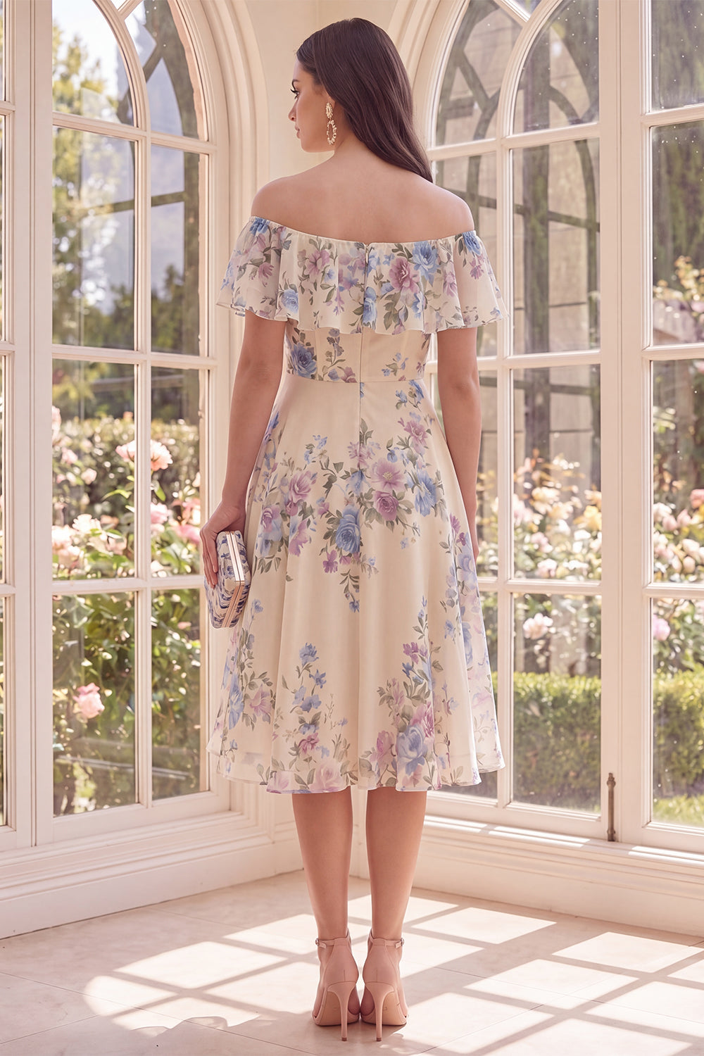 Apricot Floral A Line Off the Shoulder Midi Beach Wedding Guest Dress with Ruffles