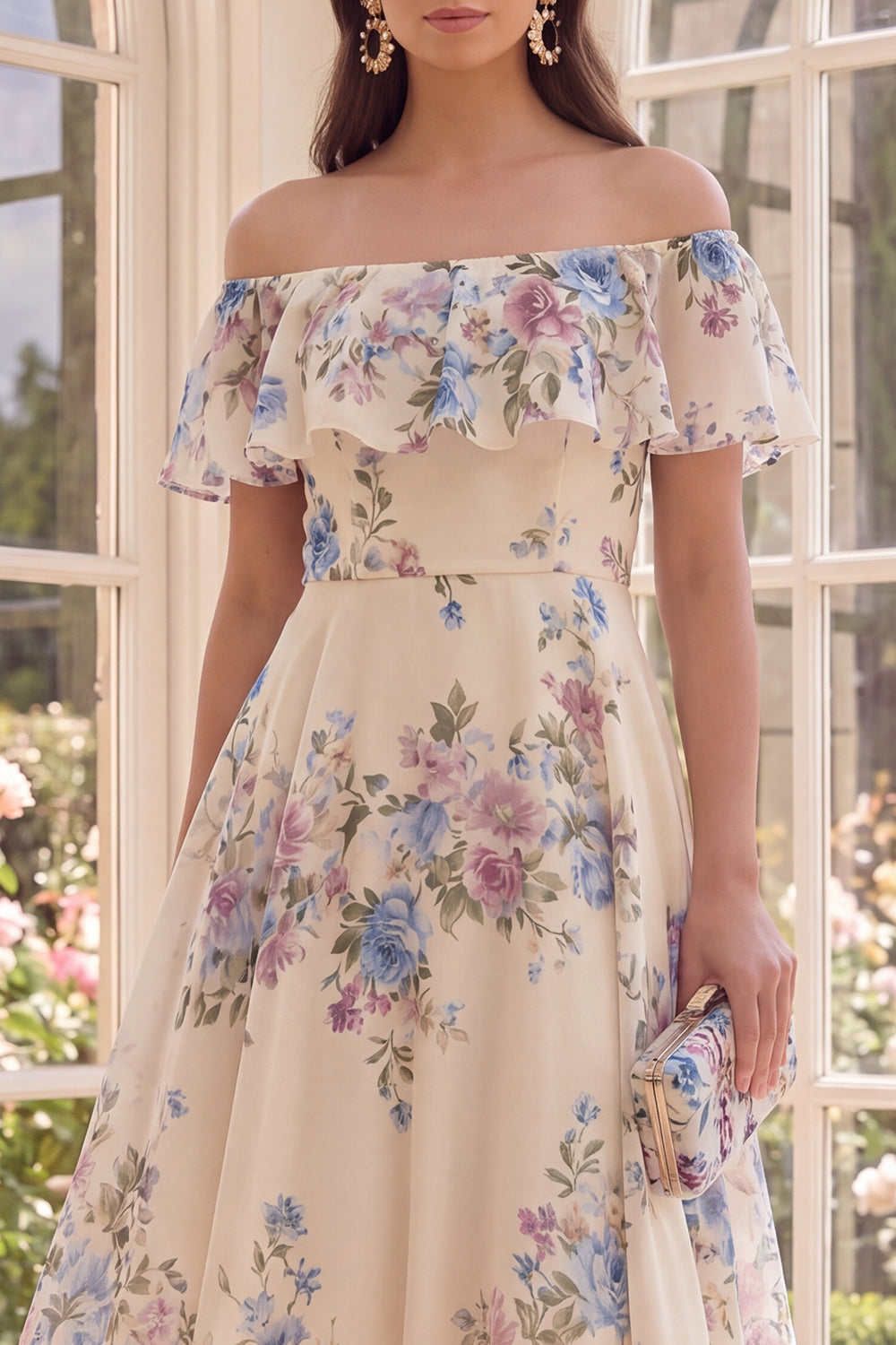 Apricot Floral A Line Off the Shoulder Midi Beach Wedding Guest Dress with Ruffles