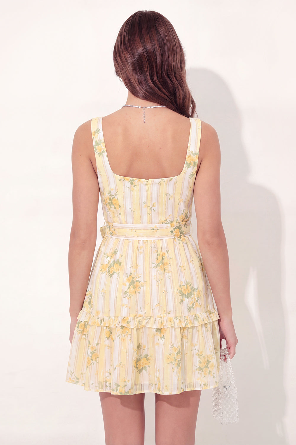 Butter Yellow A Line Square Neck Floral Short Homecoming Dress with Pockets