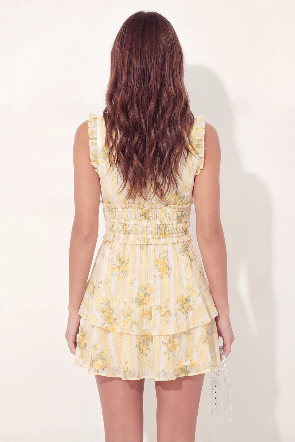 Yellow A Line Floral V-Neck Butter Short Homecoming Dress with Ruffles