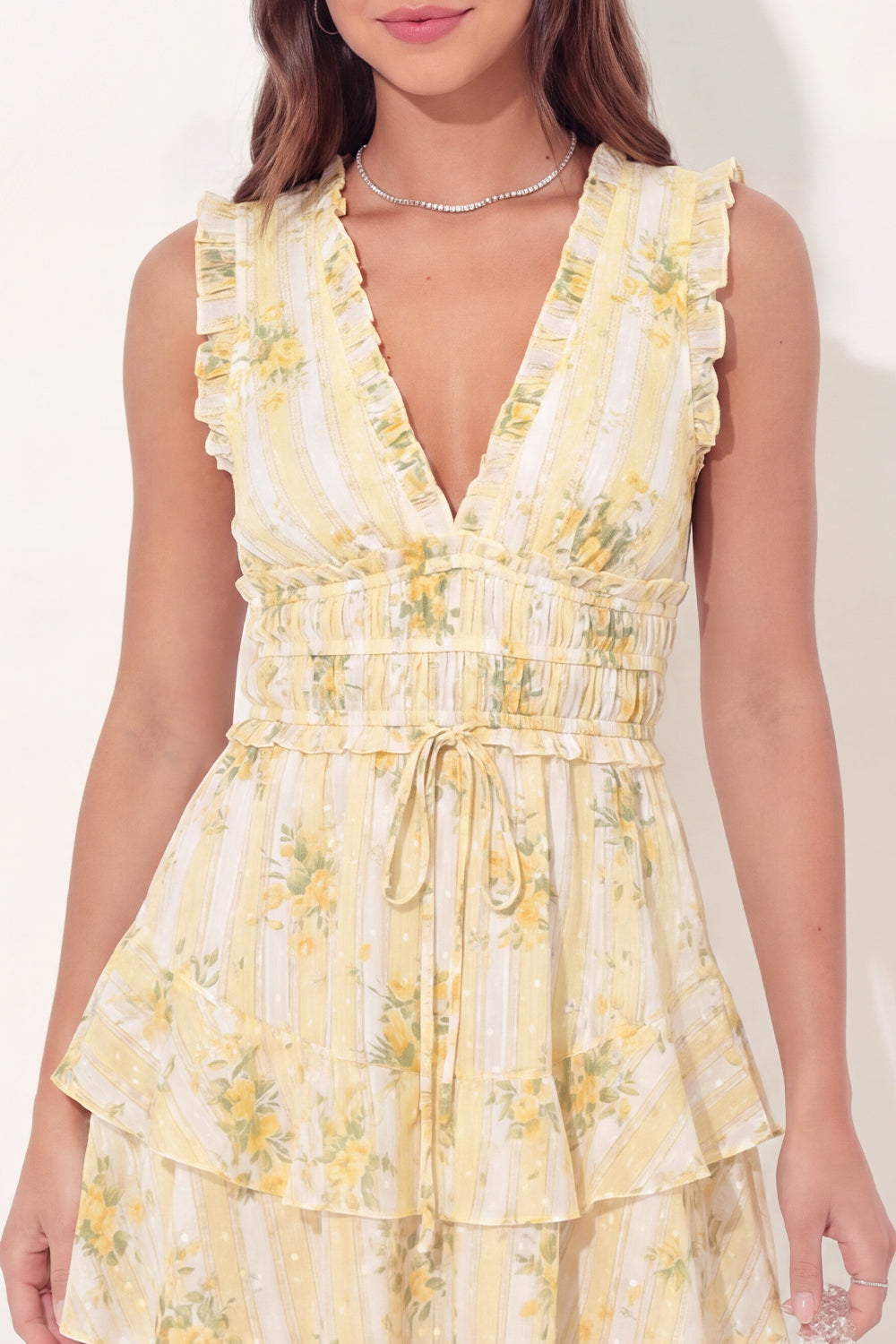 Yellow A Line Floral V-Neck Butter Short Homecoming Dress with Ruffles