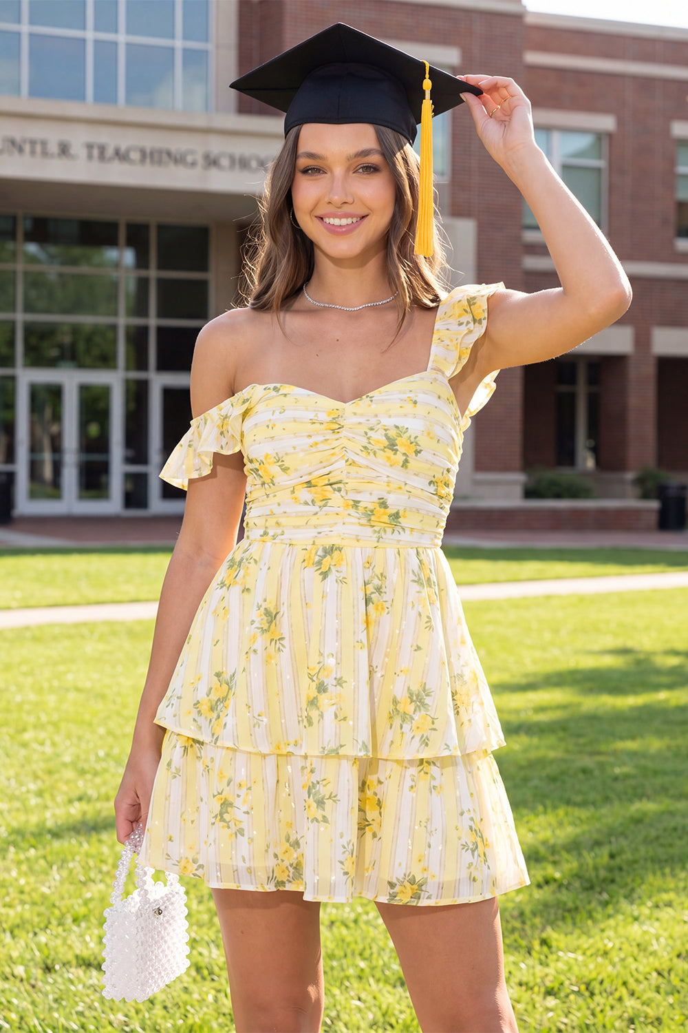 Butter Yellow Thick Straps Floral A Line Short Homecoming Dress with Ruffles
