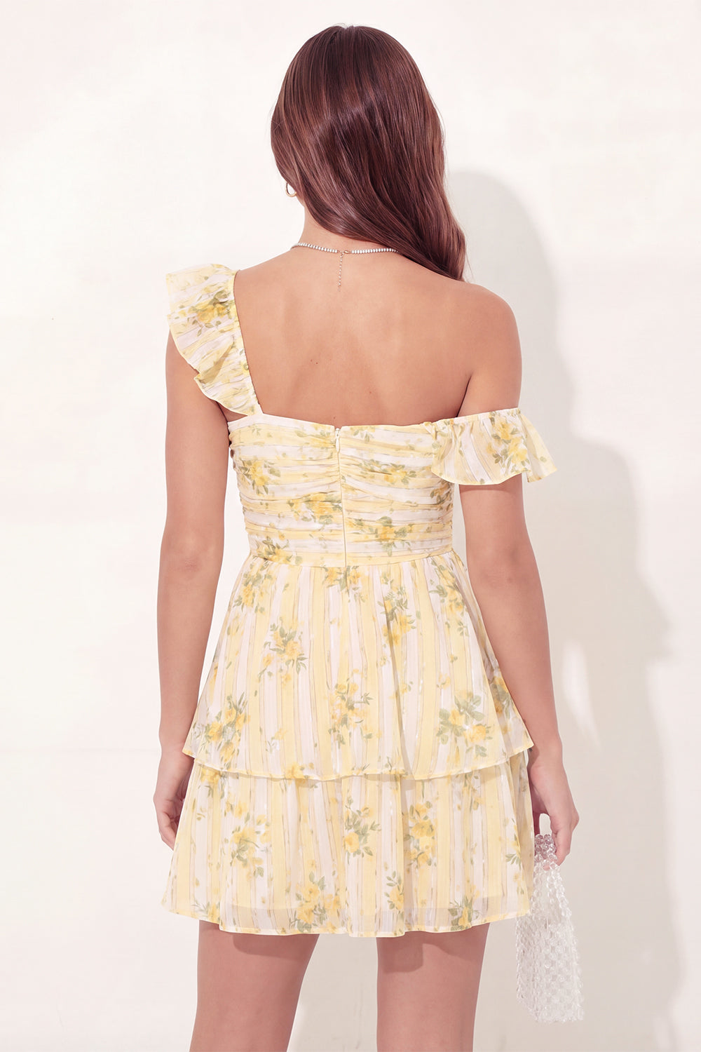 Butter Yellow Thick Straps Floral A Line Short Homecoming Dress with Ruffles