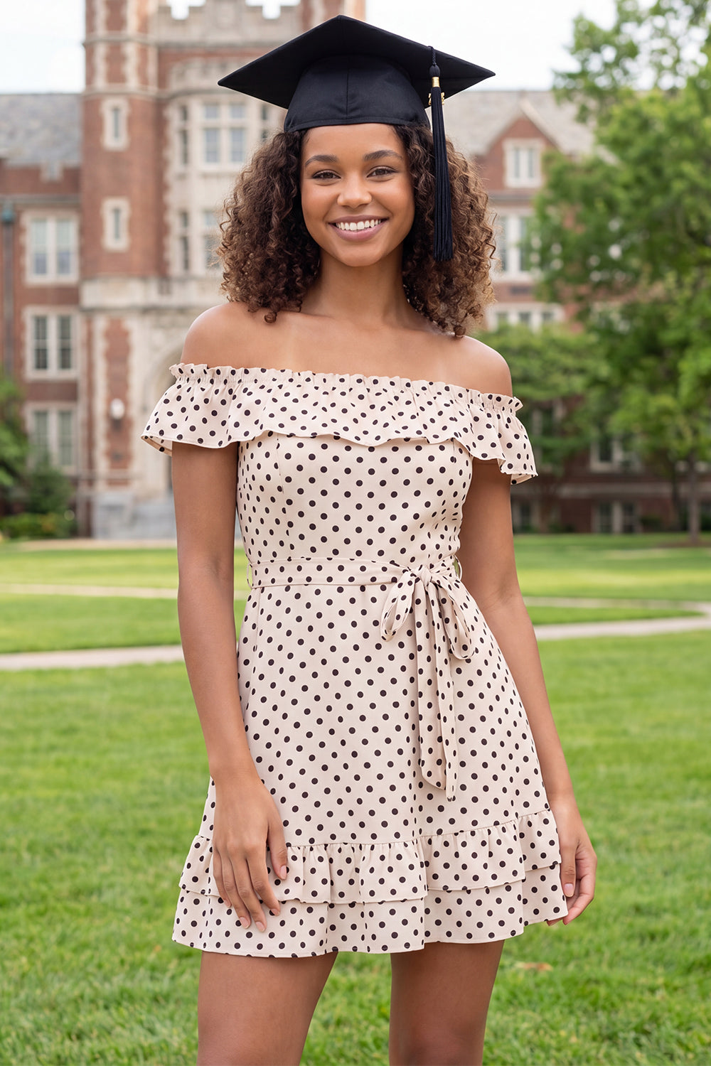 Black and White Polka Dots Off the Shoulder Ruffled A Line Short Homecoming Dress with Belt