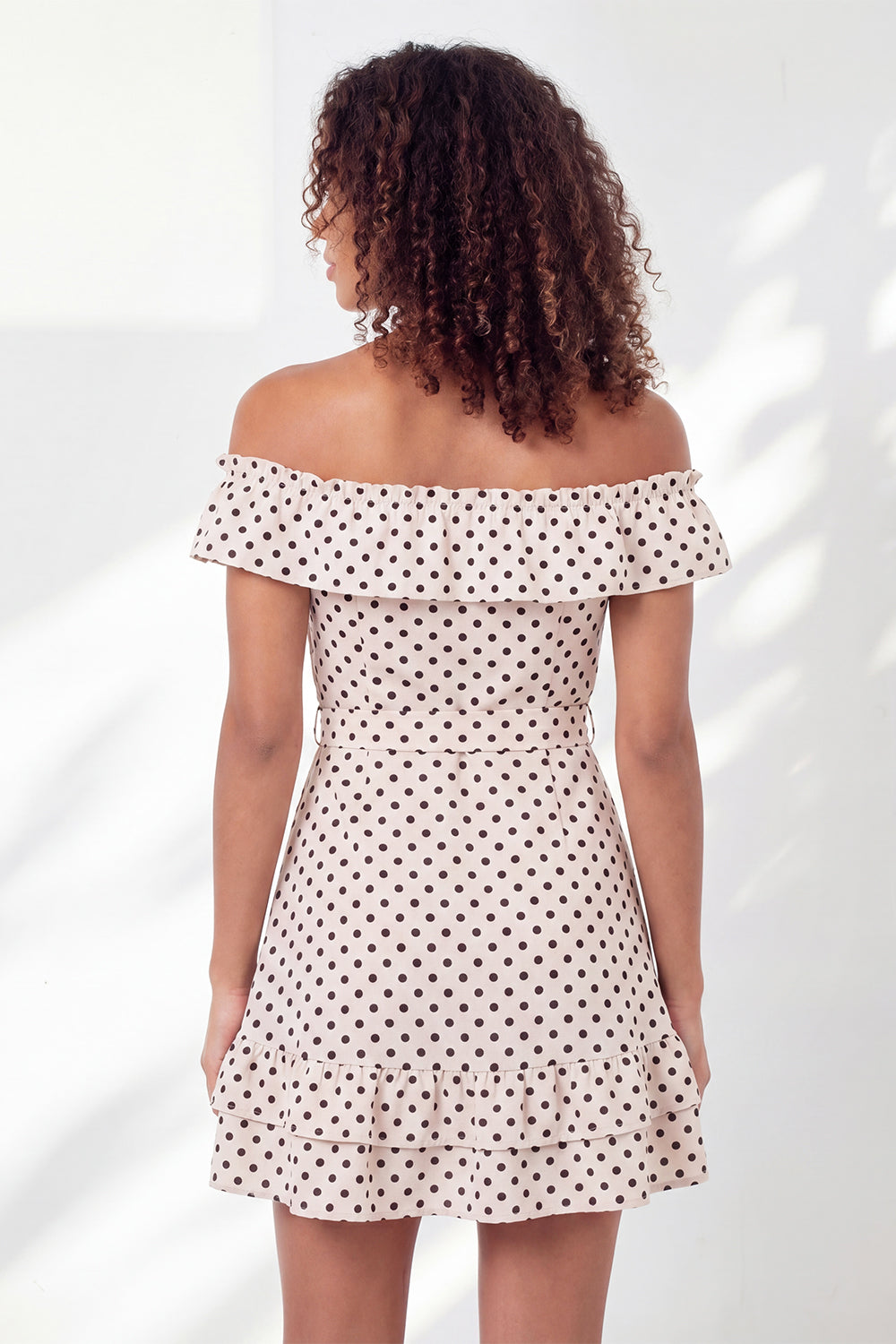 Black and White Polka Dots Off the Shoulder Ruffled A Line Short Homecoming Dress with Belt