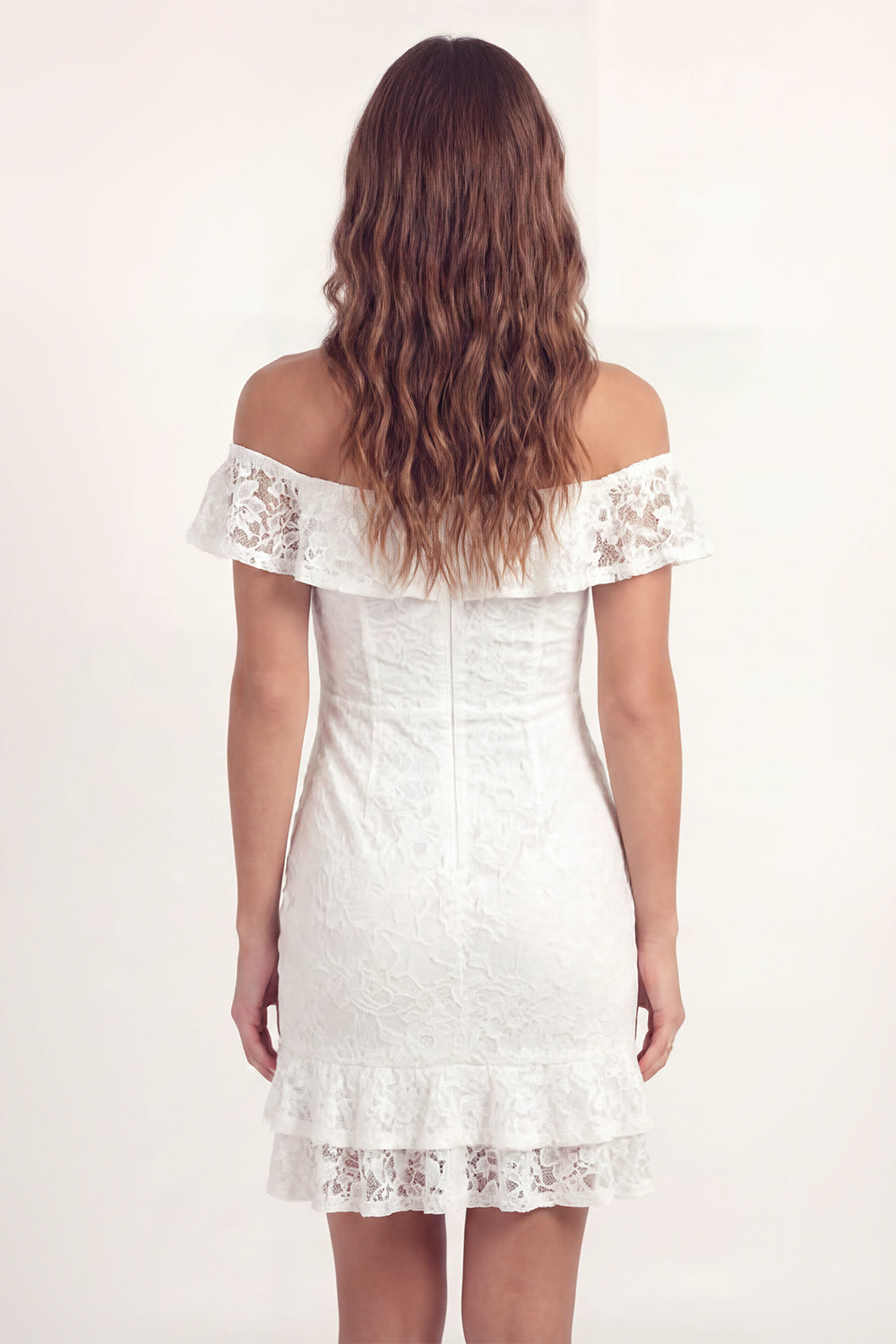 White Lace Floral Off the Shoulder Short Ruched Homecoming Dress with Ruffles