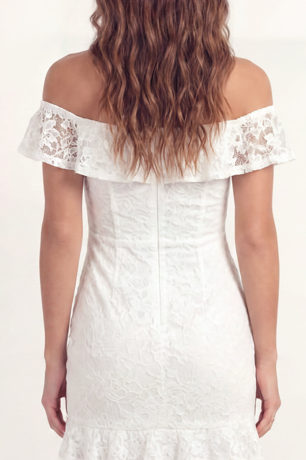 White Lace Floral Off the Shoulder Short Ruched Homecoming Dress with Ruffles