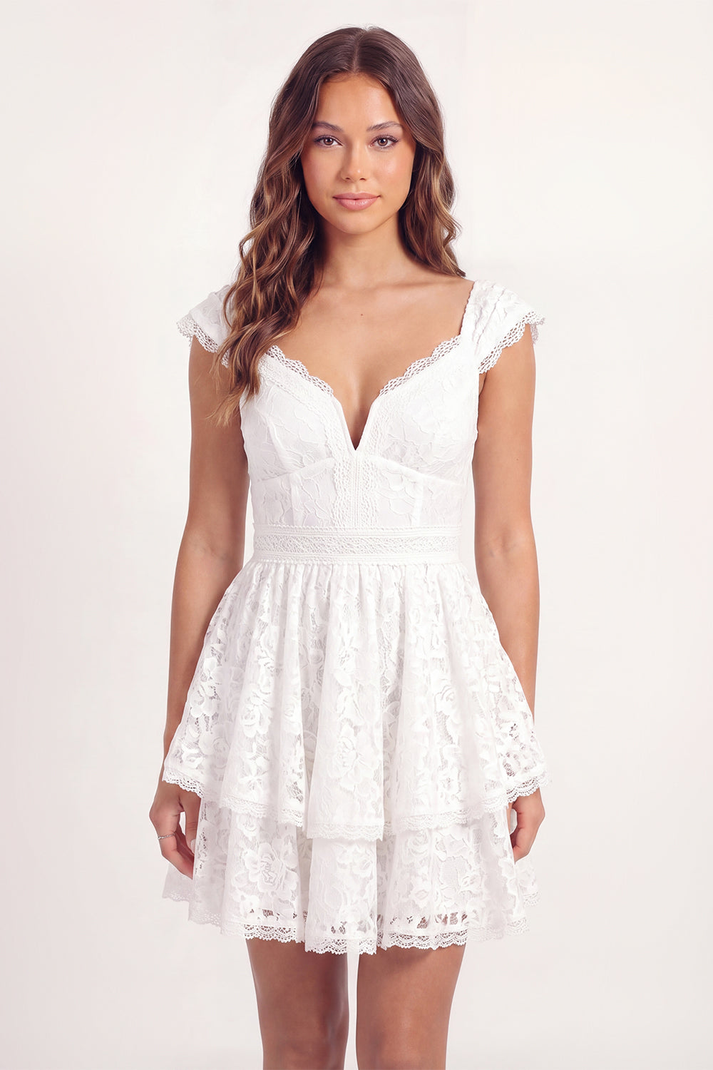 White Lace Floral Cap Sleeves V-Neck A Line Short Homecoming Dress