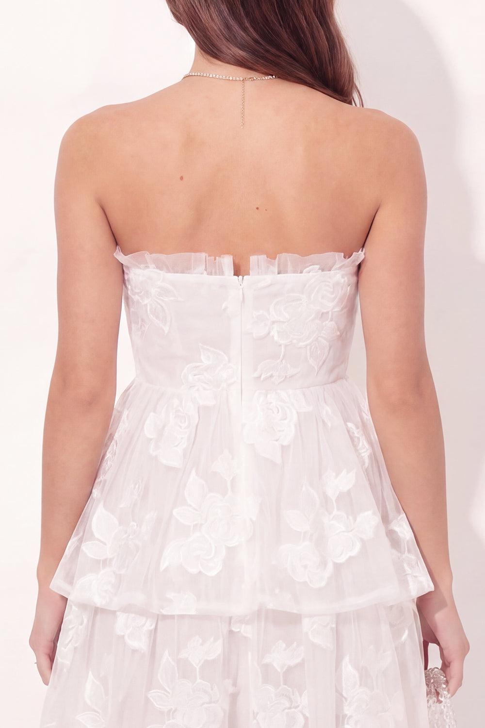 White Floral Ruched Strapless Short A Line Homecoming Dress with Ruffles