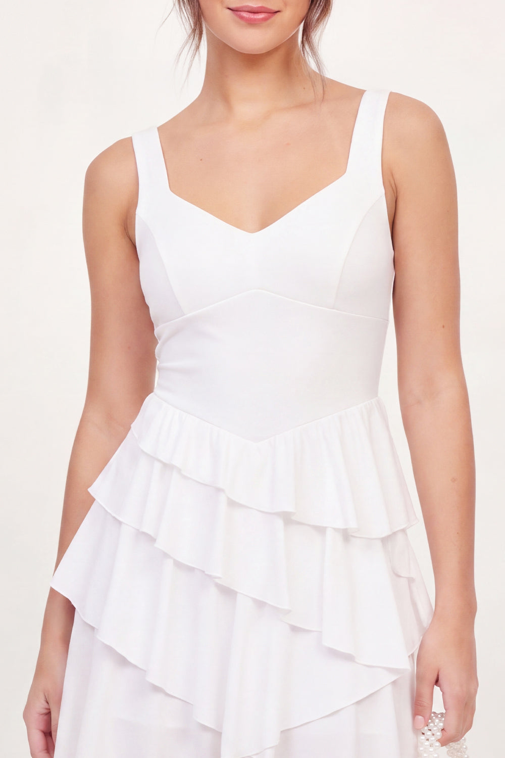 White Thick Straps Asymmetrical A Line Homecoming Dress with Ruffles