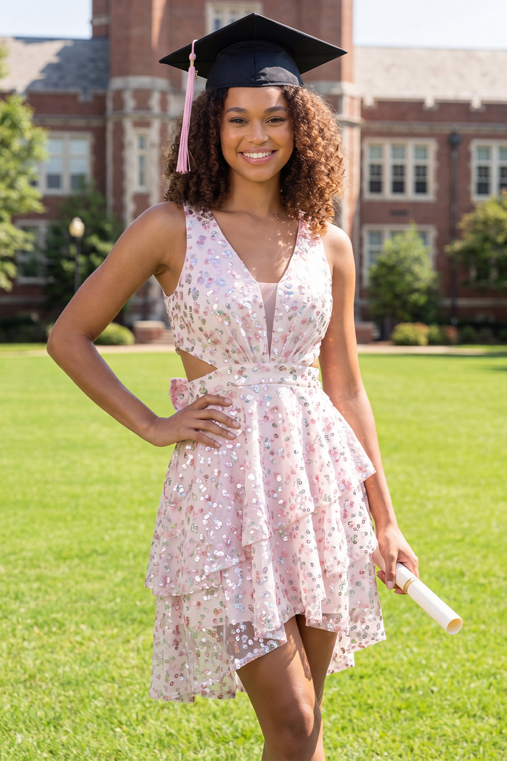 Sparkly White Pink Flower Ruffled A Line Short Homecoming Dress with Bow