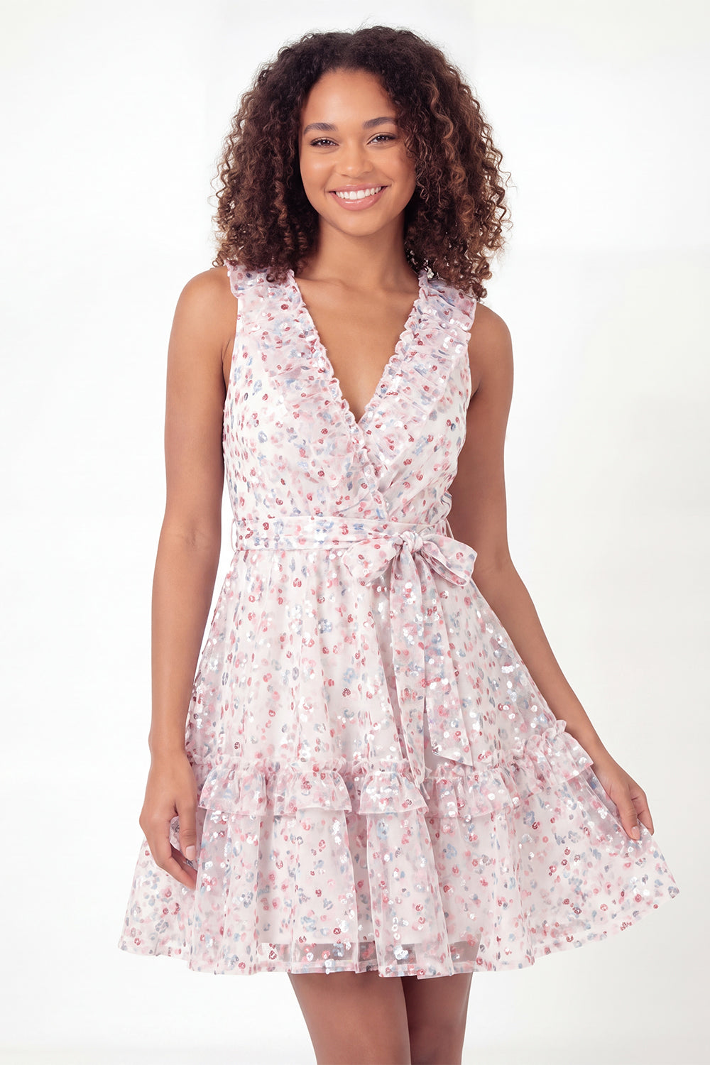 Sparkly White Pink Flower V-Neck Ruffled A Line Short Homecoming Dress with Belt