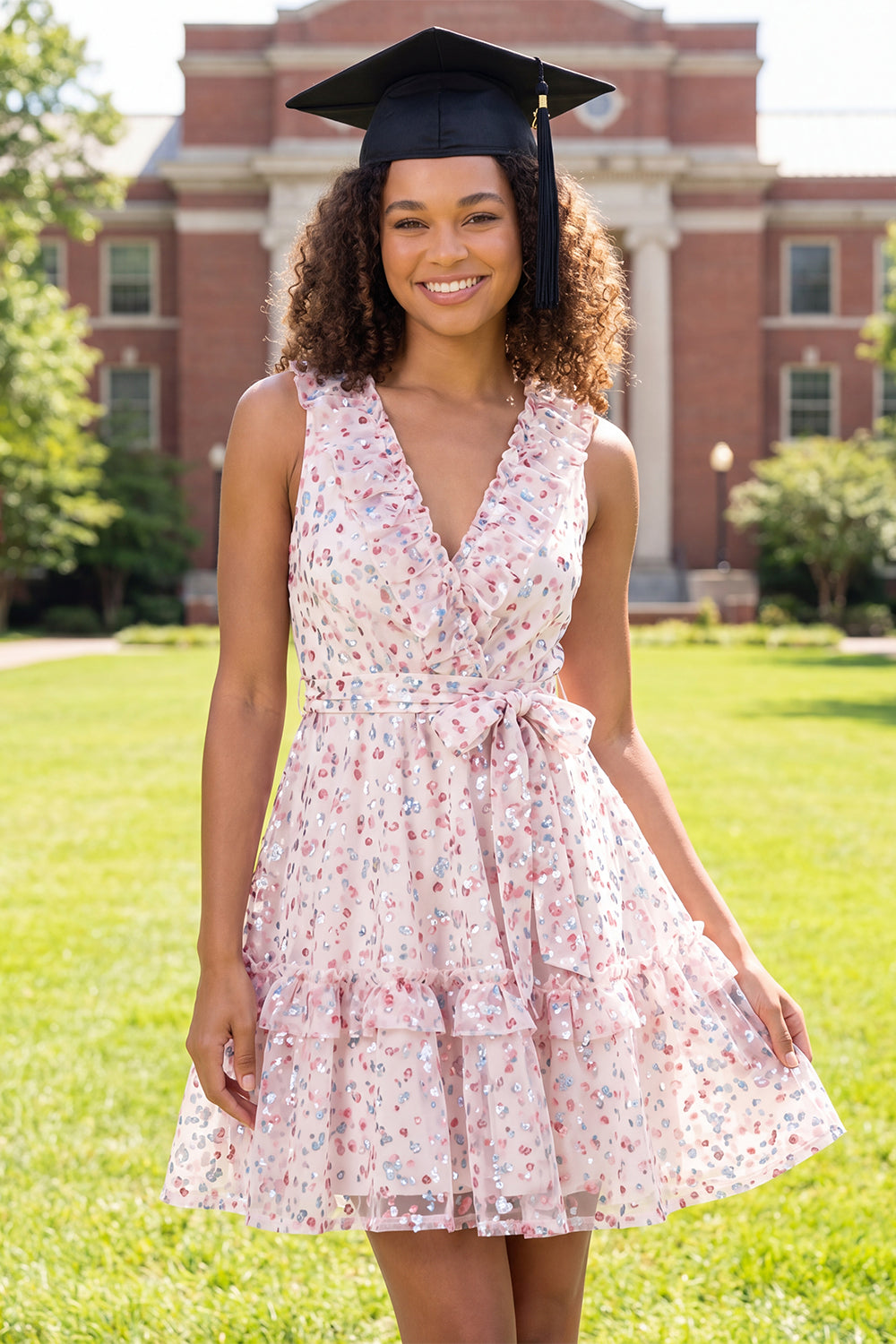 Sparkly White Pink Flower V-Neck Ruffled A Line Short Homecoming Dress with Belt