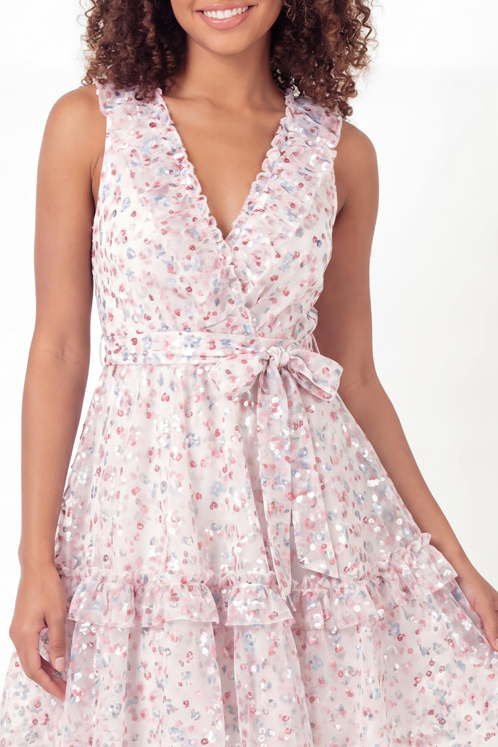 Sparkly White Pink Flower V-Neck Ruffled A Line Short Homecoming Dress with Belt
