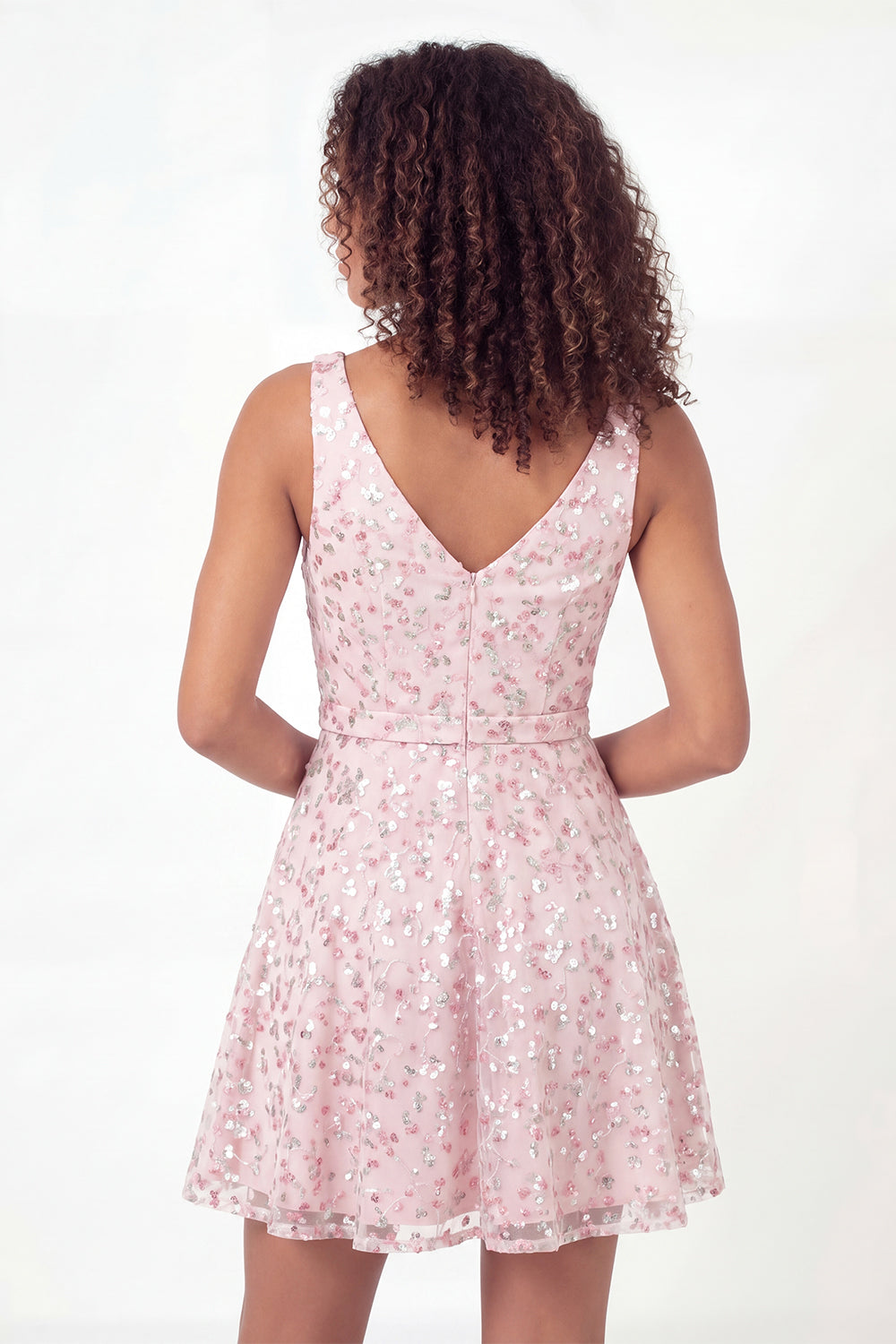 Sparkly Pink Floral Short V-Neck A Line Homecoming Dress with Sequin