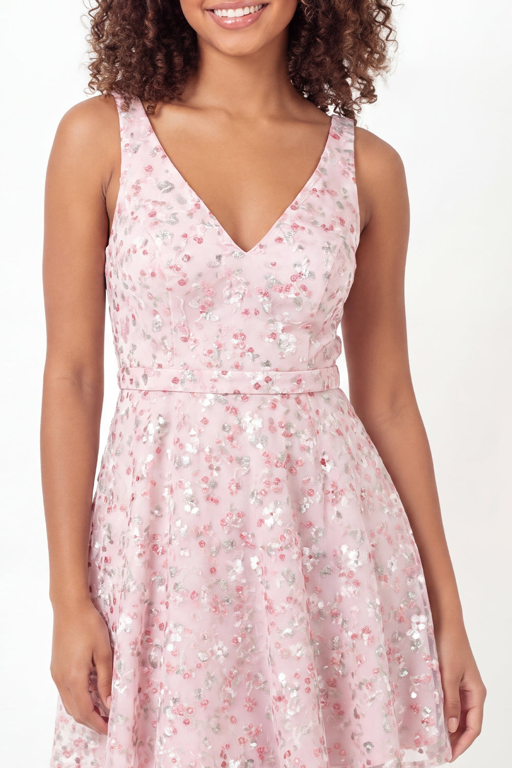 Sparkly Pink Floral Short V-Neck A Line Homecoming Dress with Sequin
