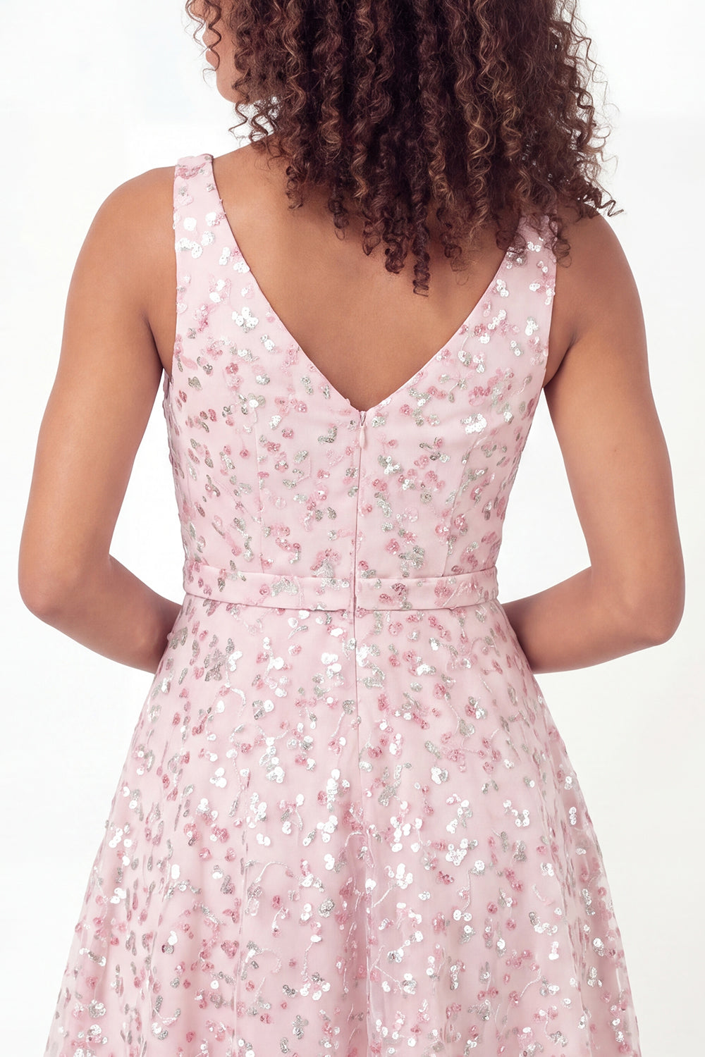 Sparkly Pink Floral Short V-Neck A Line Homecoming Dress with Sequin