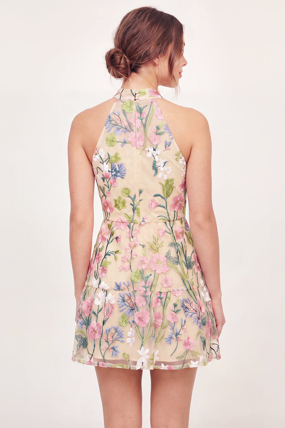 Yellow Floral Butter High Neck A Line Short Homecoming Dress