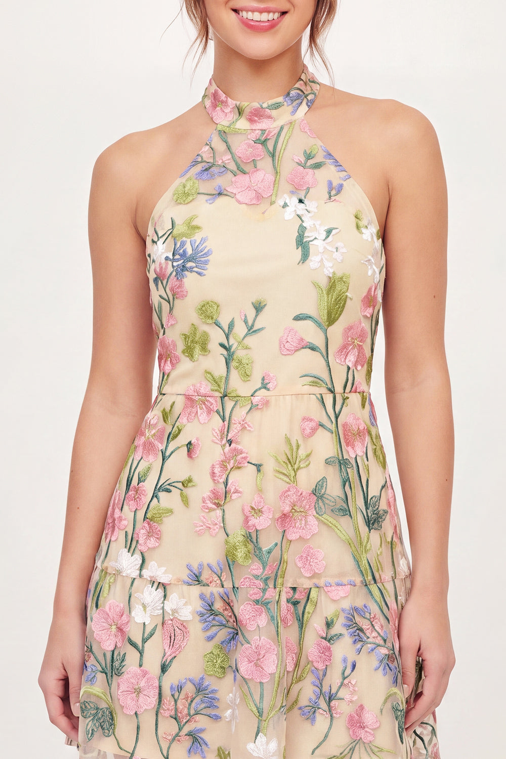 Yellow Floral Butter High Neck A Line Short Homecoming Dress