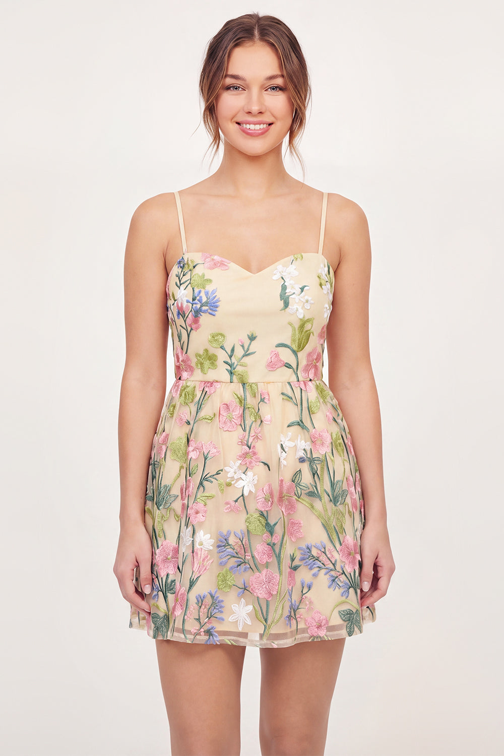 Floral Yellow Spaghetti Straps Butter A Line Short Homecoming Dress