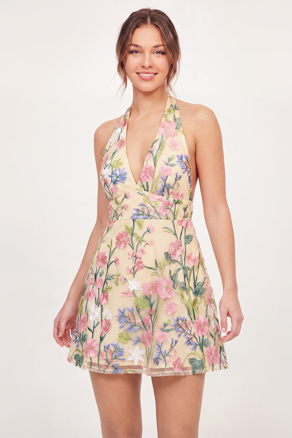 Yellow Floral Halter Open Back A Line Butter Short Homecoming Dress