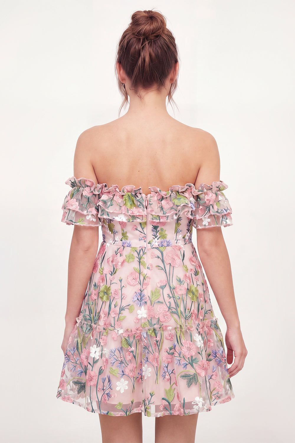 Floral Pink A Line Off the Shoulder Short Homecoming Dress with Ruffles