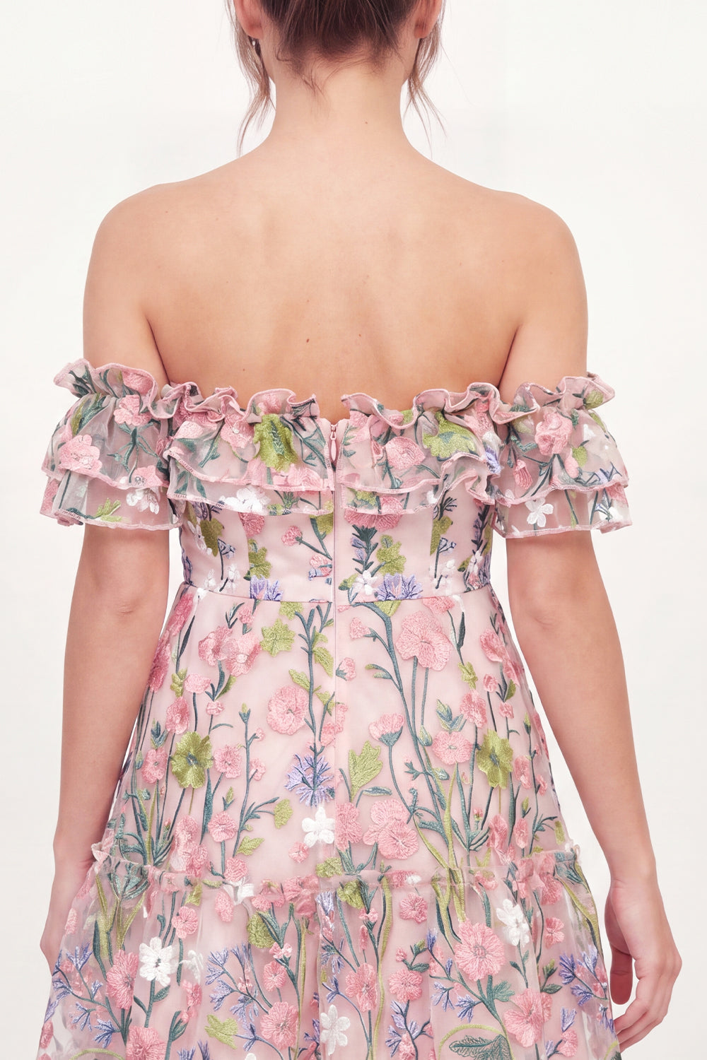 Floral Pink A Line Off the Shoulder Short Homecoming Dress with Ruffles
