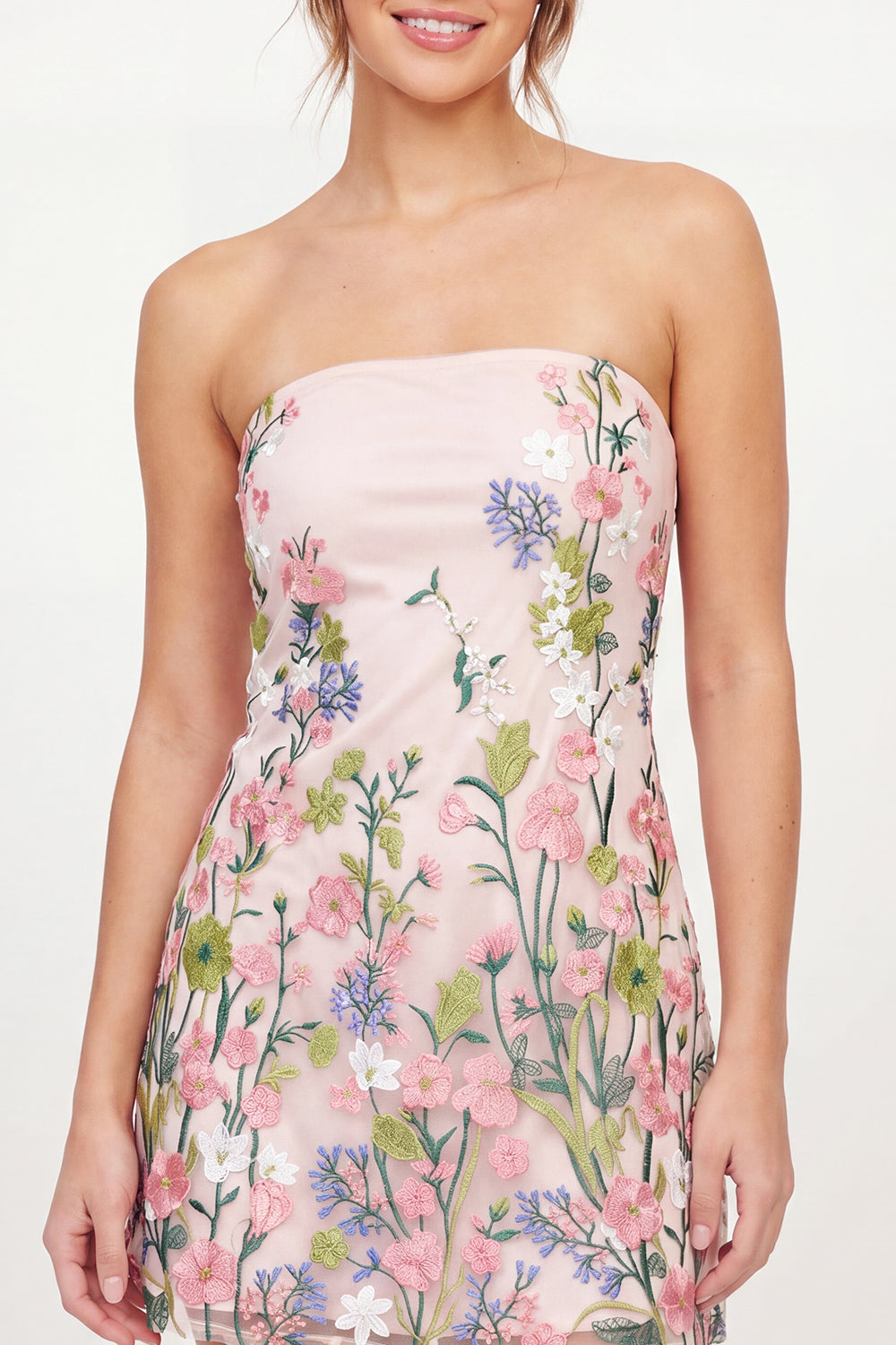 Floral Pink A Line Strapless Short Homecoming Dress