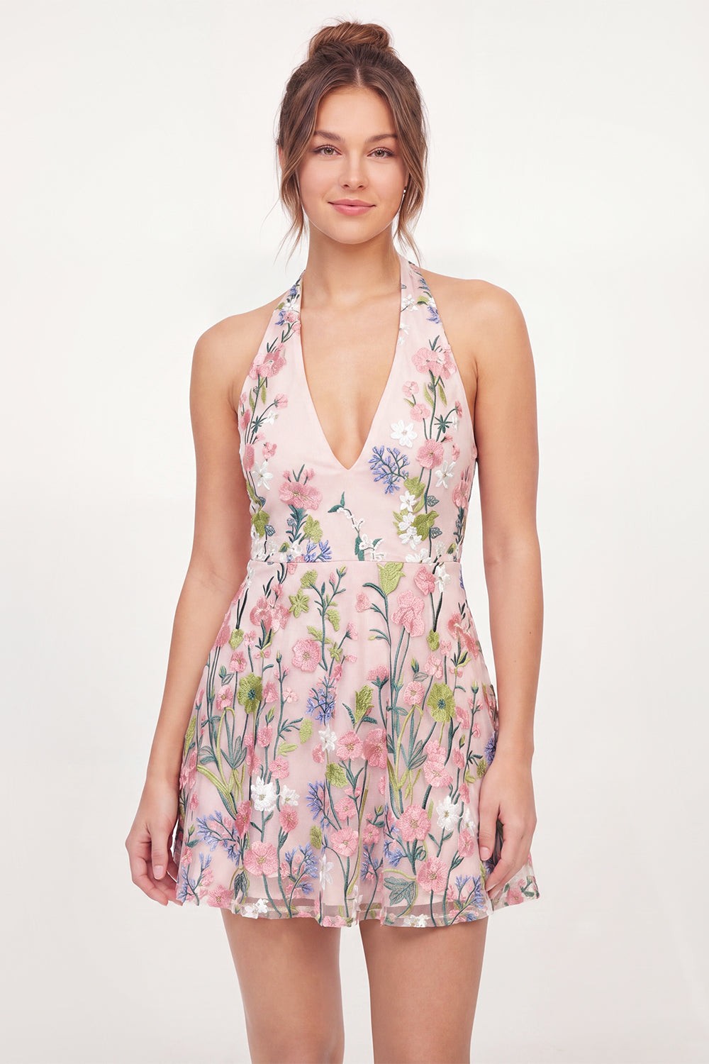 Pink Floral Halter A Line Short Homecoming Dress