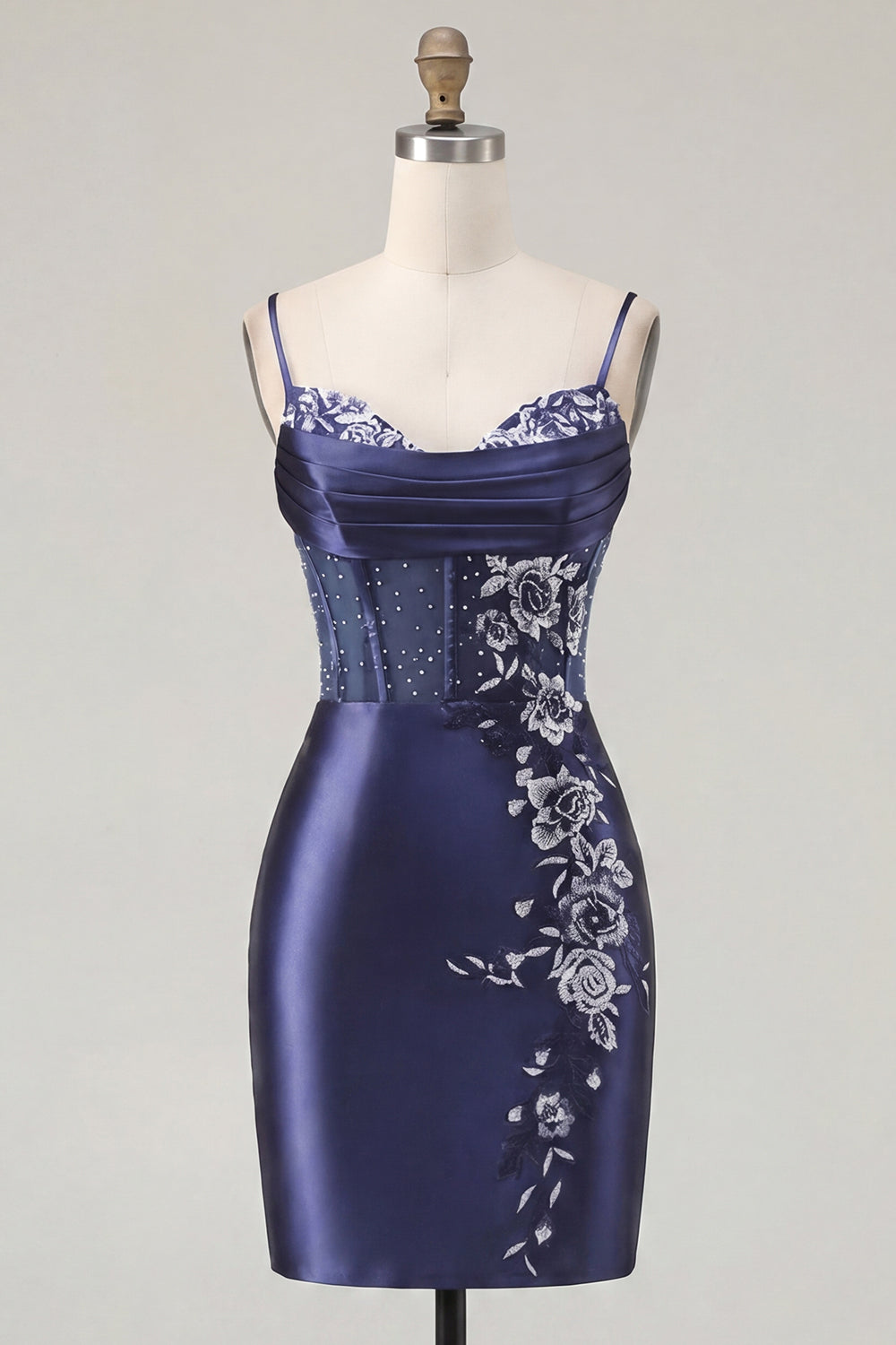 Floral Navy Tight Short Corset Homecoming Dress with Beading