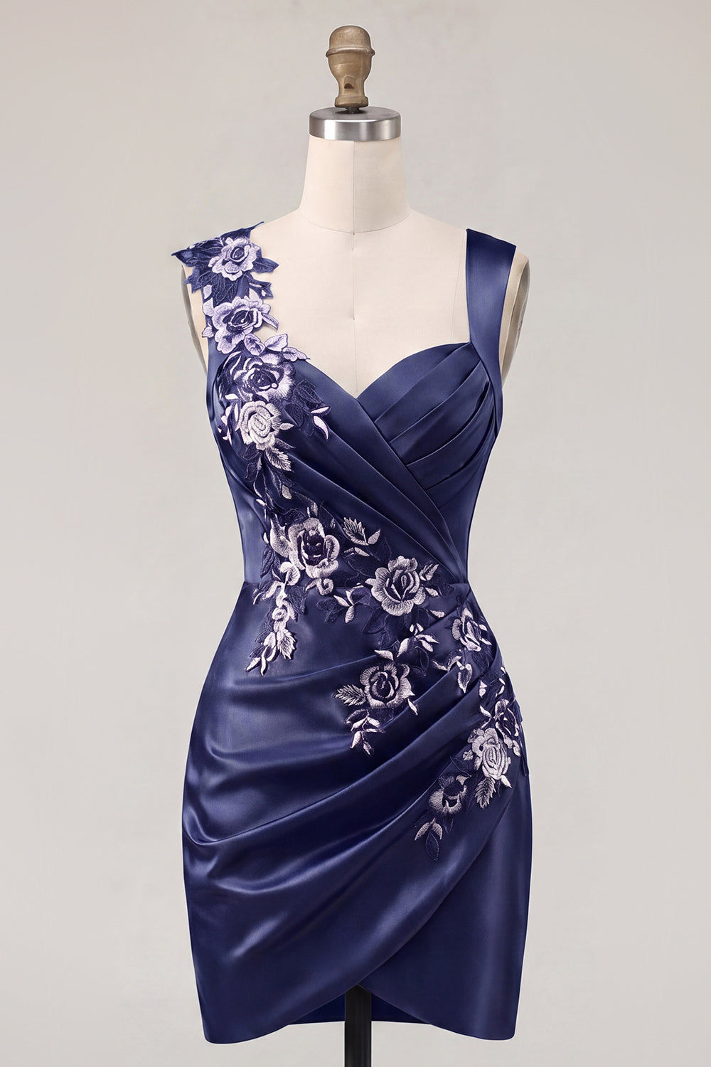 Navy Ruched Floral Thick Straps Tight Short Homecoming Dress