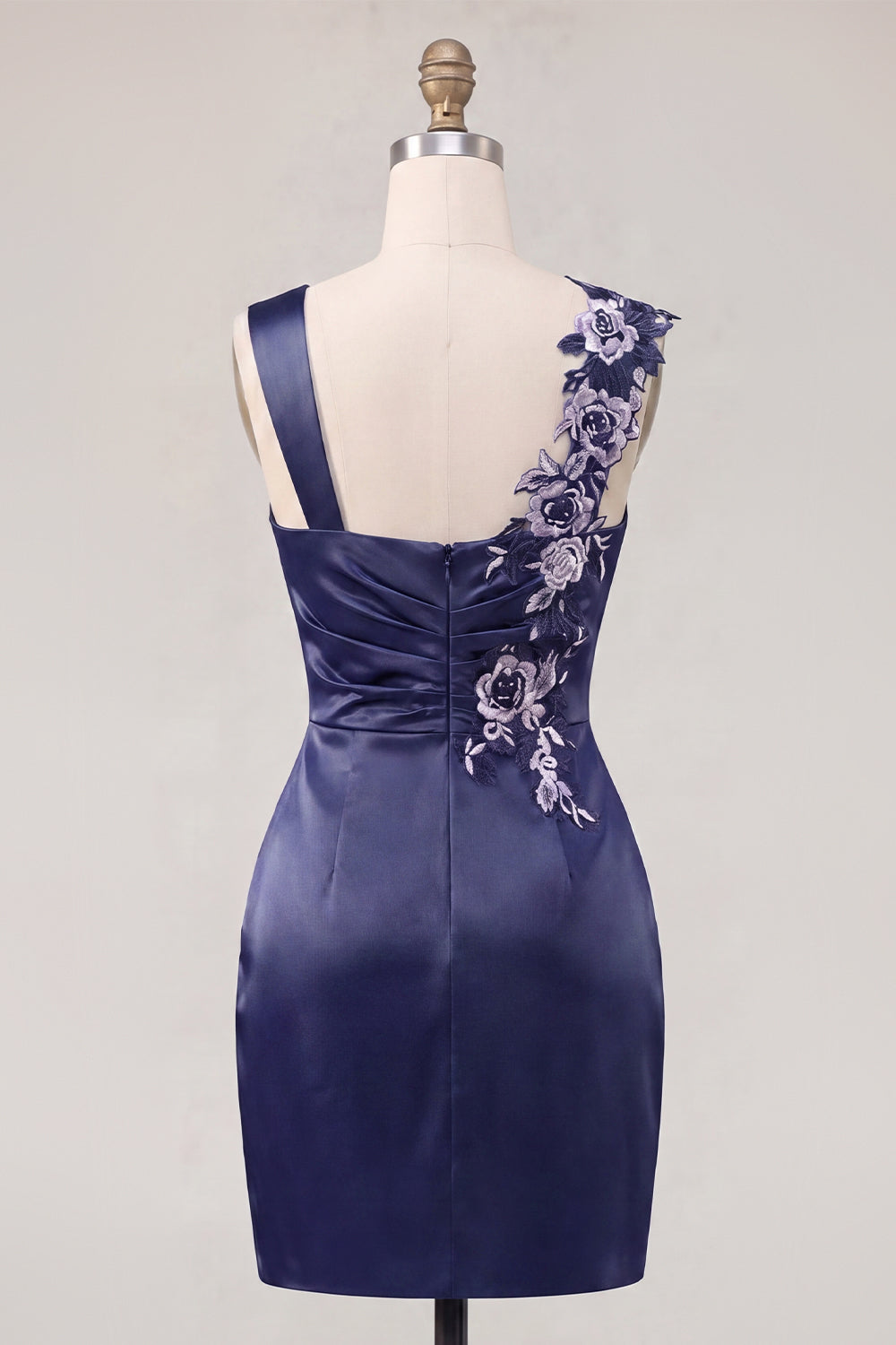 Navy Ruched Floral Thick Straps Tight Short Homecoming Dress