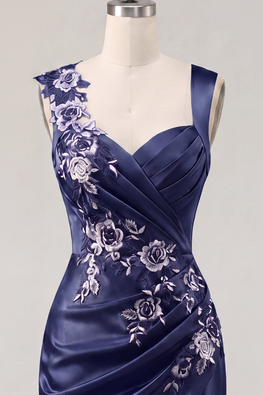 Navy Ruched Floral Thick Straps Tight Short Homecoming Dress