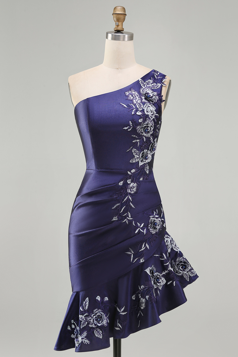 Navy Floral Tight Ruched Short Homecoming Dress with Ruffles