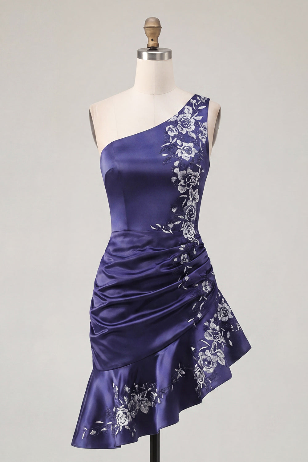 Navy One Shoulder Ruched Floral Tight Short Homecoming Dress with Ruffles