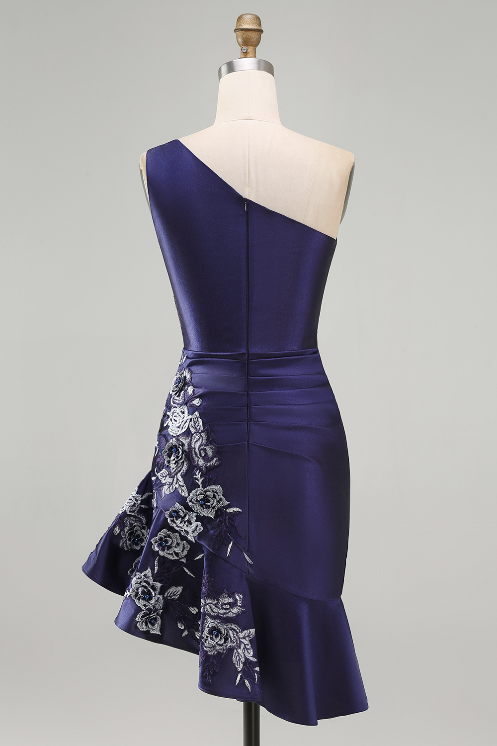 Navy Floral Tight Ruched Short Homecoming Dress with Ruffles