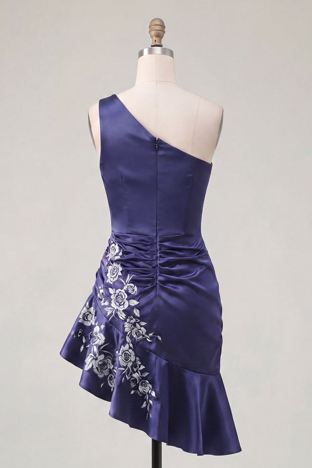 Navy One Shoulder Ruched Floral Tight Short Homecoming Dress with Ruffles