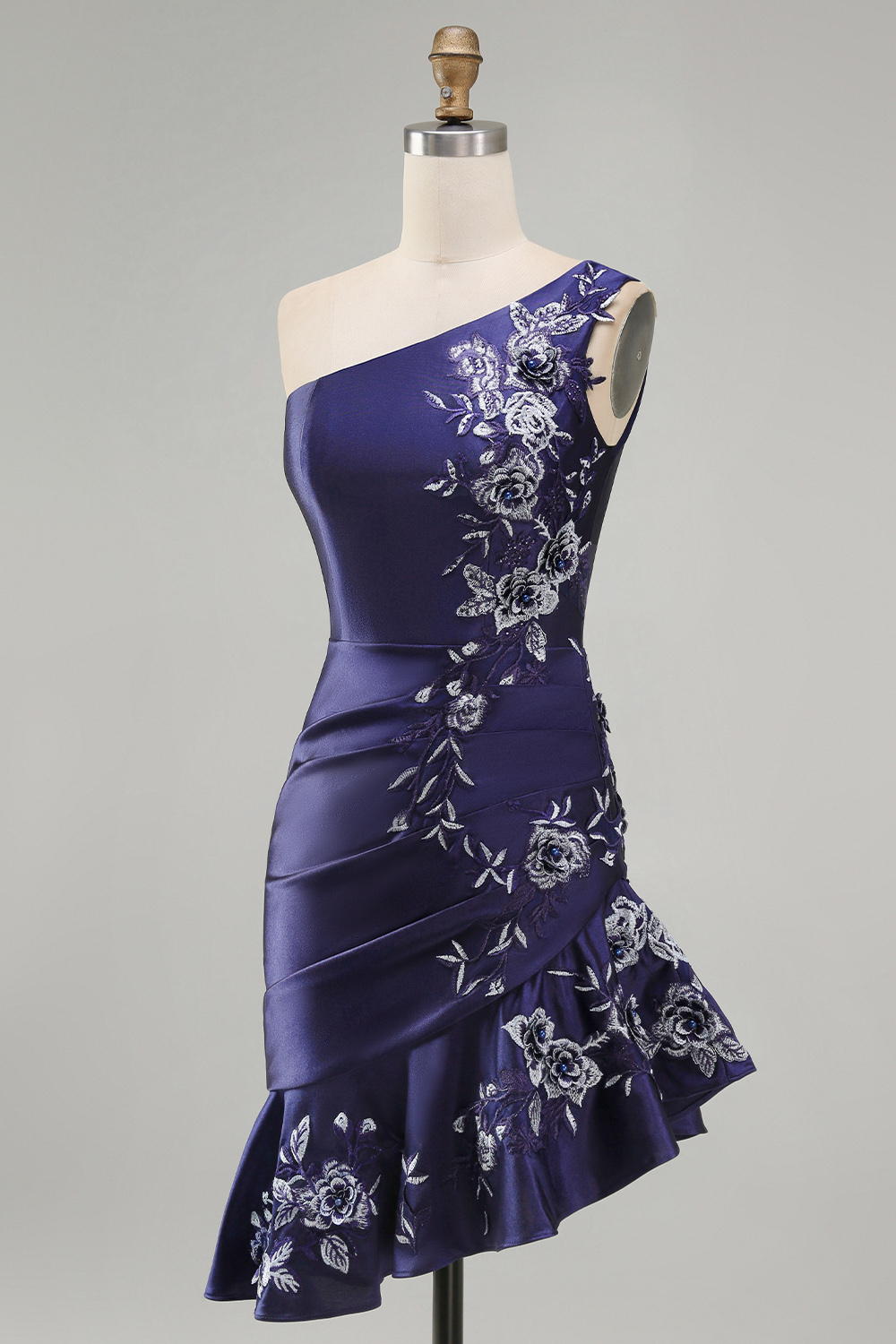 Navy Floral Tight Ruched Short Homecoming Dress with Ruffles