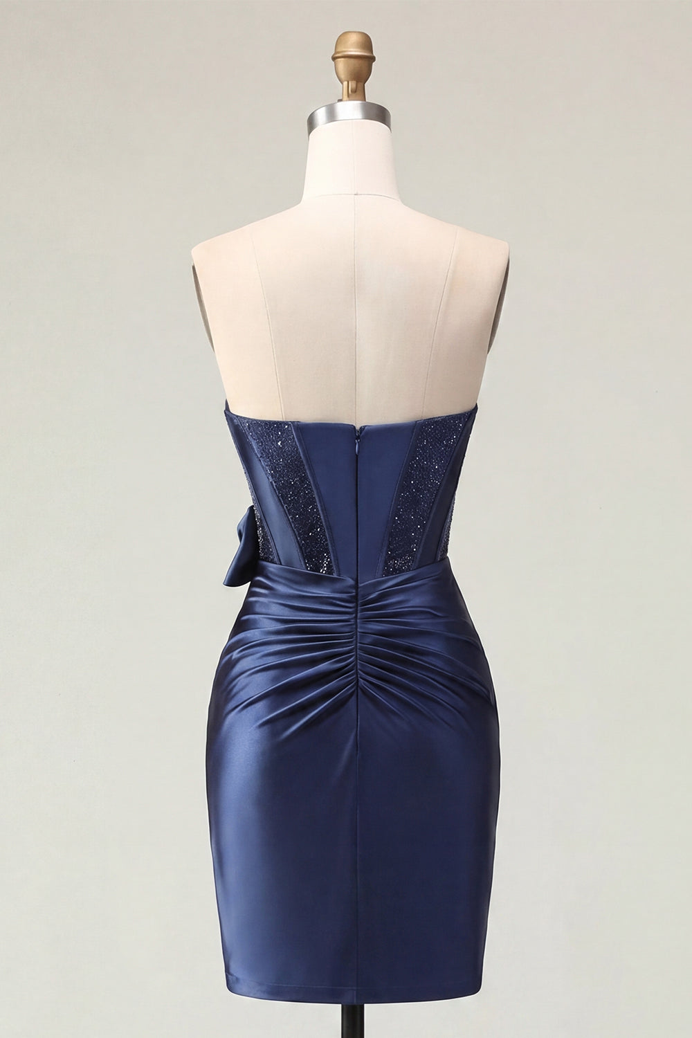 Sparkly Navy Tight Basque Waist Beaded Short Corset Homecoming Dress with Bow