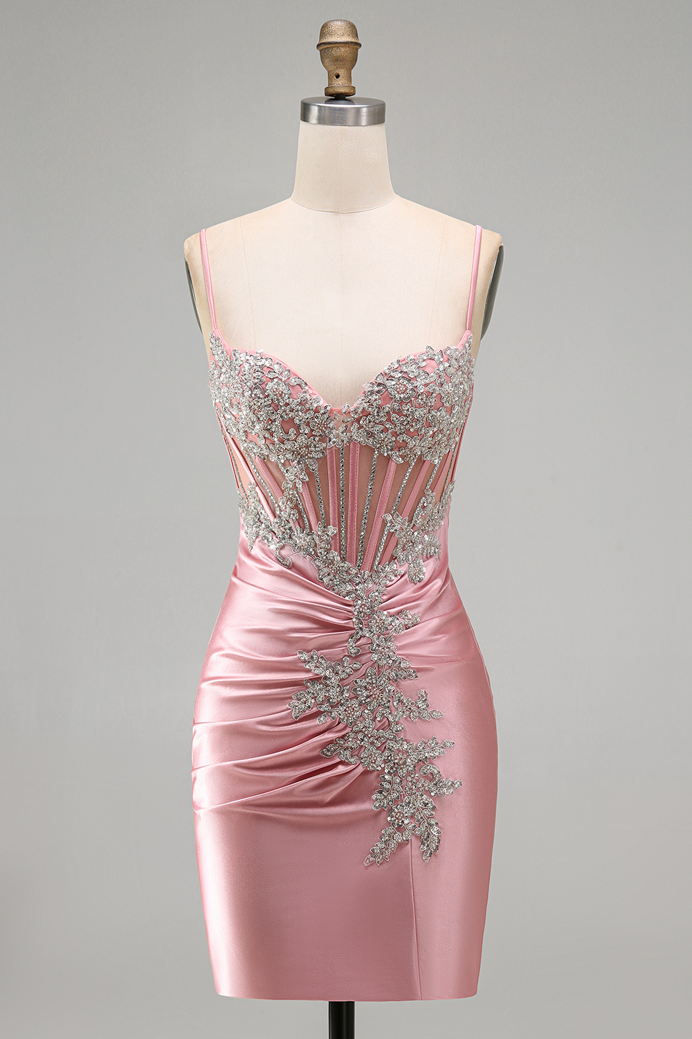 Sparkly Blush Spaghetti Straps Tight Short Corset Homecoming Dress with Beading