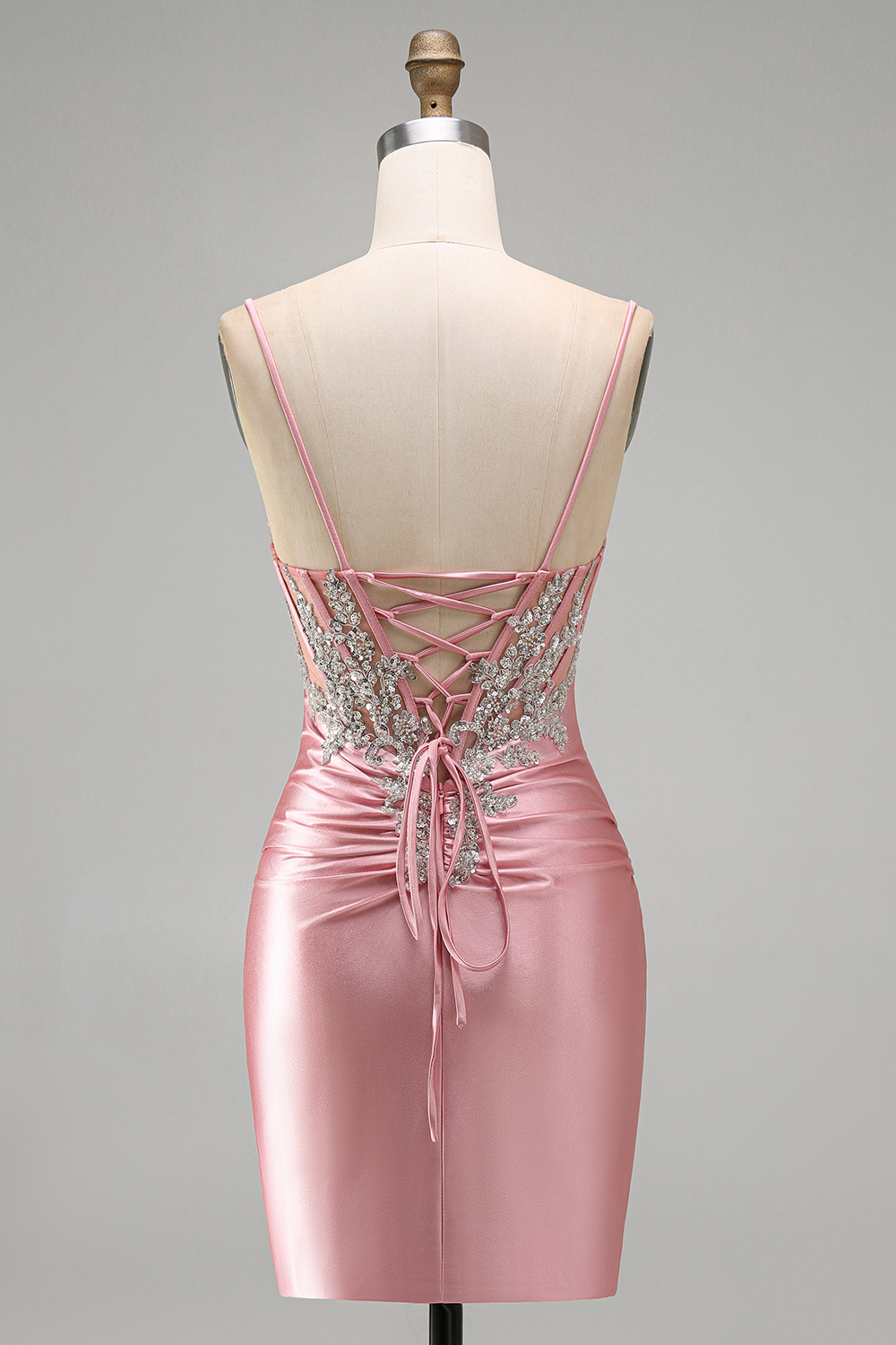Sparkly Blush Spaghetti Straps Tight Short Corset Homecoming Dress with Beading