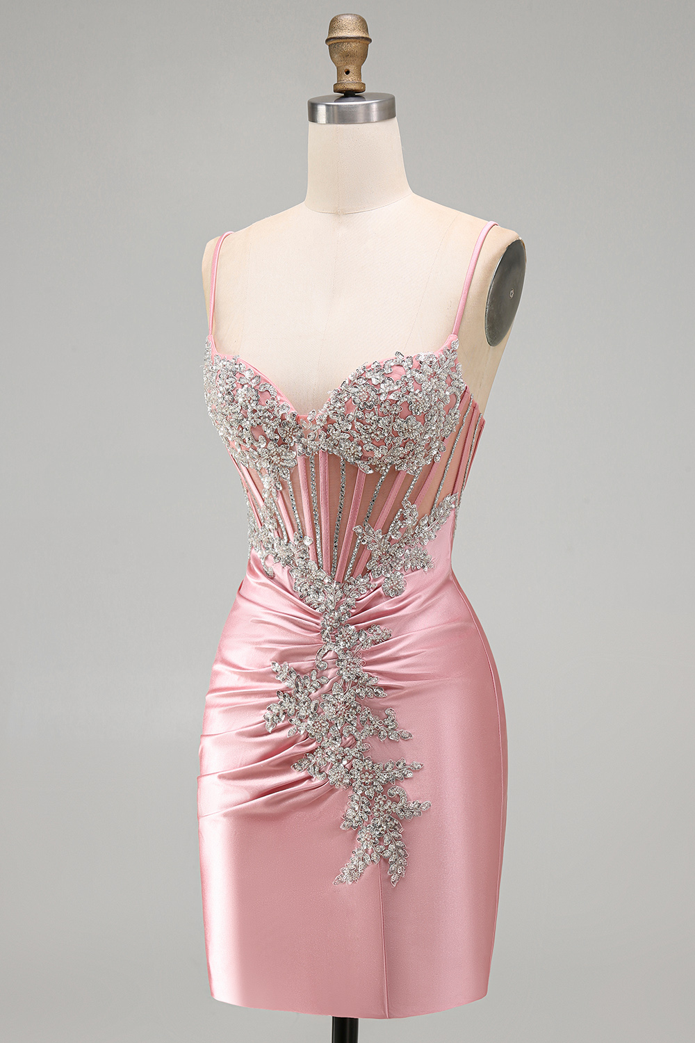 Sparkly Blush Spaghetti Straps Tight Short Corset Homecoming Dress with Beading
