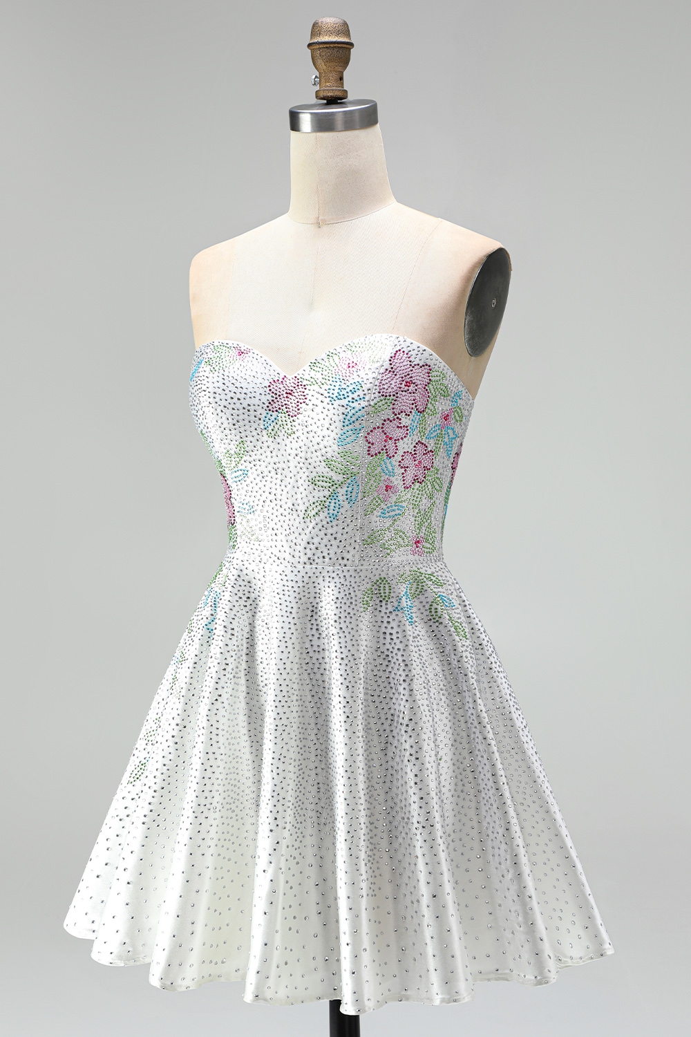 Sparkly White Beaded A Line Short Floral Homecoming Dress