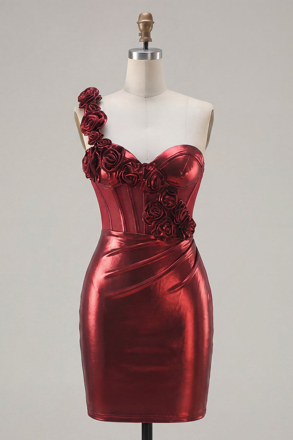 Burgundy Ruched Tight Corset Short Homecoming Dress with 3D Flowers